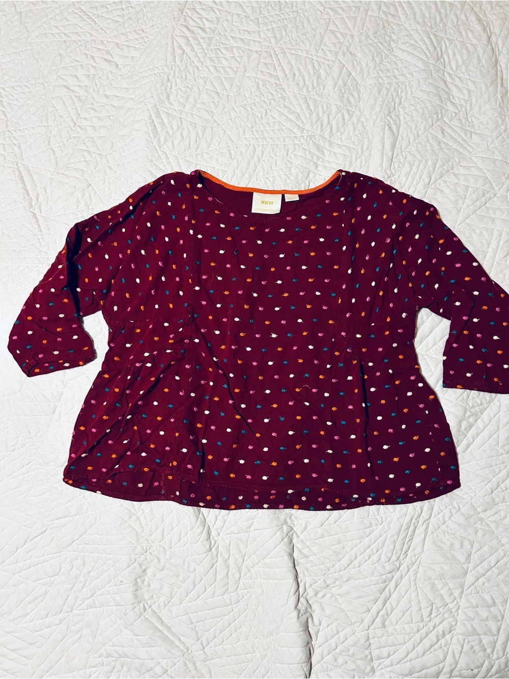 Anthropologie Maeve Burgundy Peplum Blouse with Multicolor Dot Print